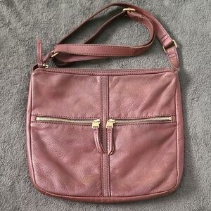 Fossil Mauve-Brown Leather Crossbody Bag with Gold Zippers